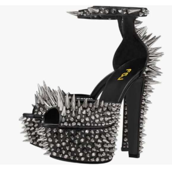 FSJ Black Spiked High Heel Sandal Studded Ankle Strap Peep Toe Platform Shoes - Picture 1 of 8